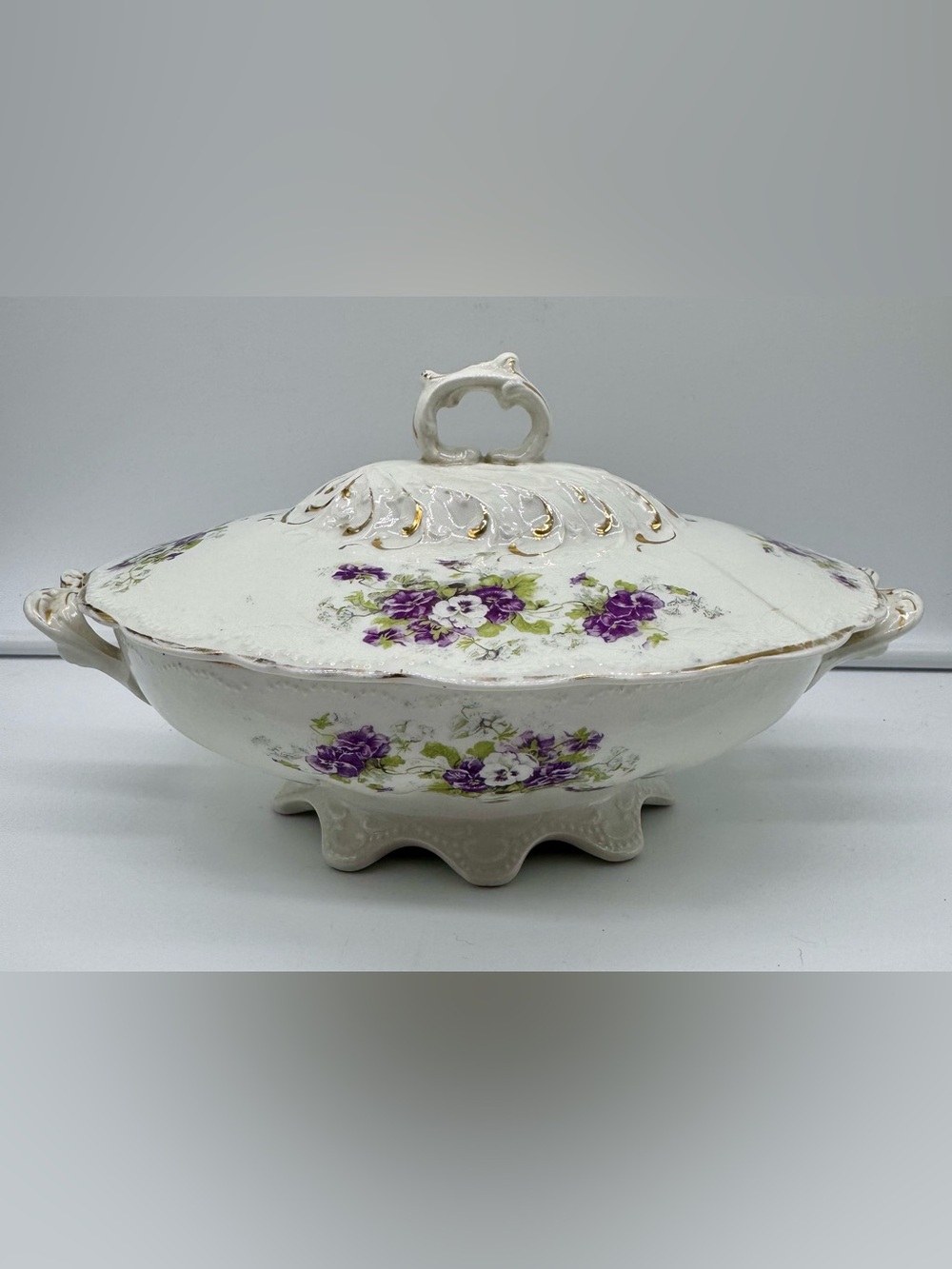 Vintage Florence Purple Pansy Covered Tureen Floral Transferware Bowl